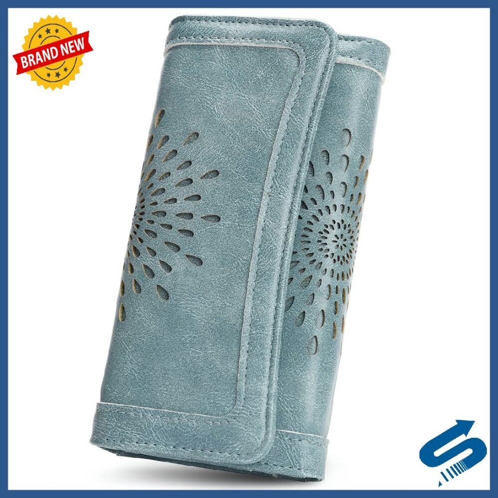RFID Blocking Leather Clutch Wallet with Sunflower Design for Women